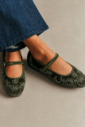 Velvet ballerinas with ornaments in royal green color