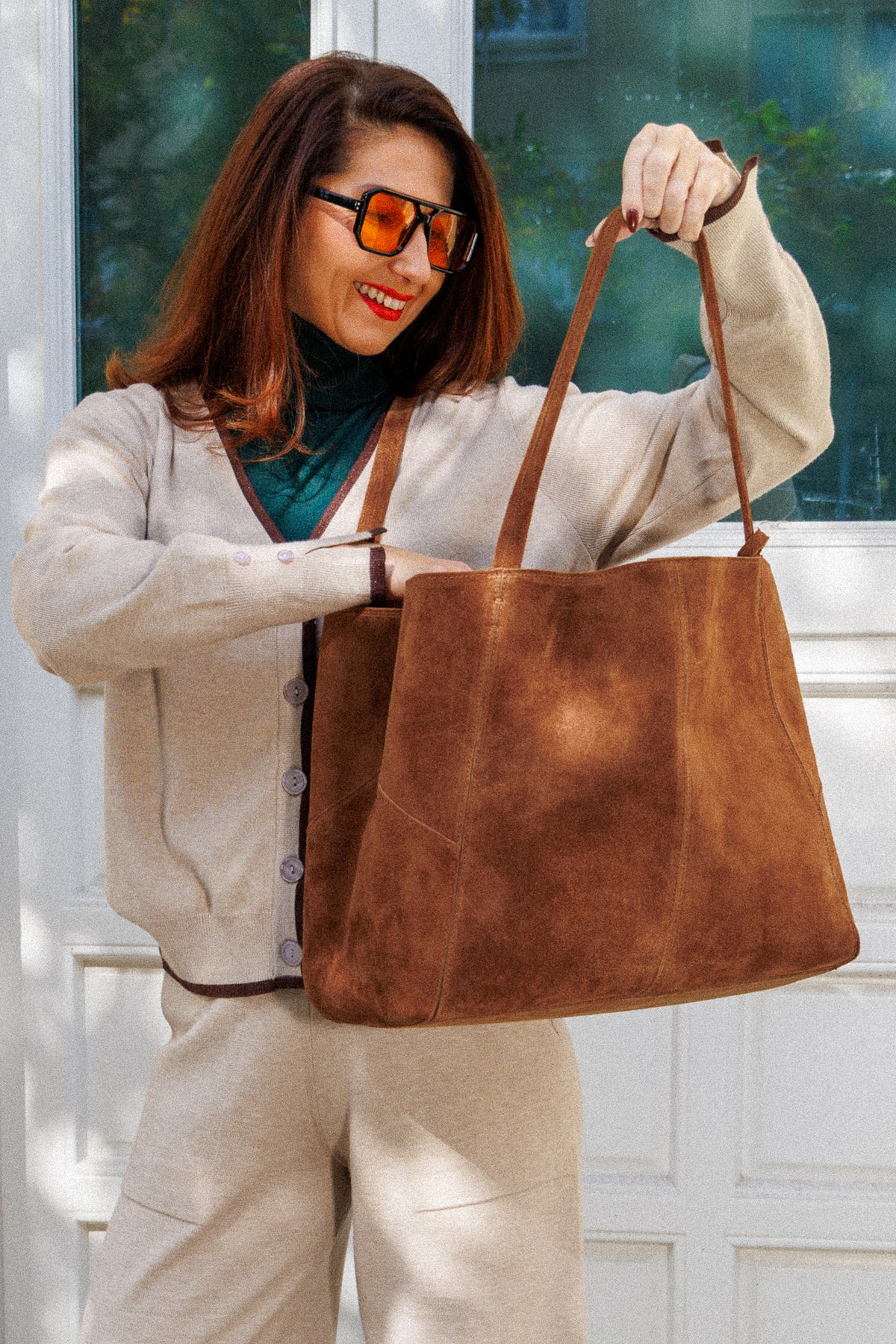 Large genuine suede bag with a removable pouch
