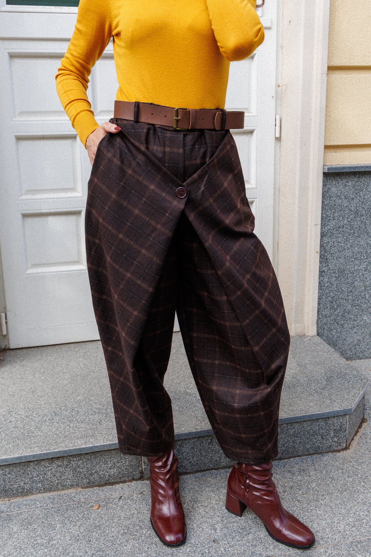 Plaid trousers with a crossover front panel