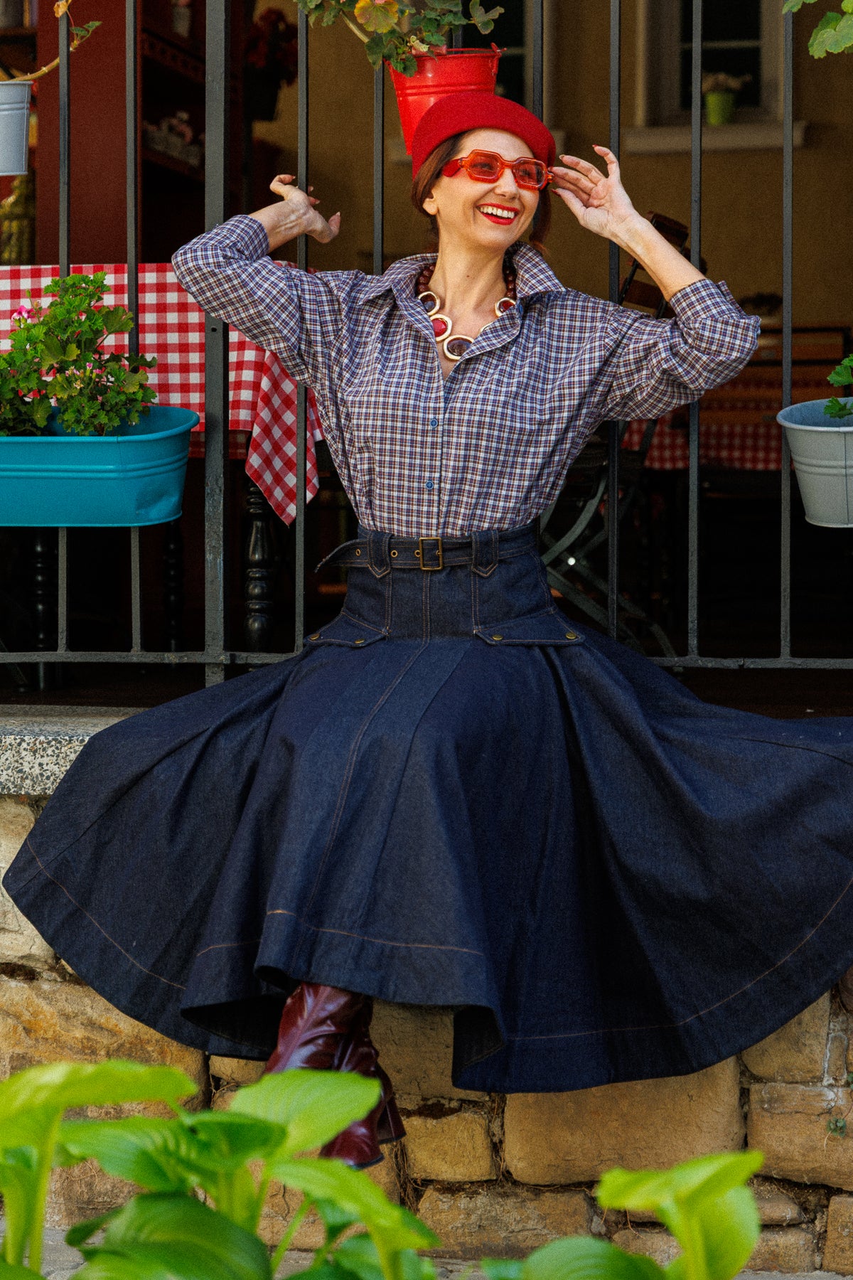 Premium Denim skirt with a belt and statement pockets