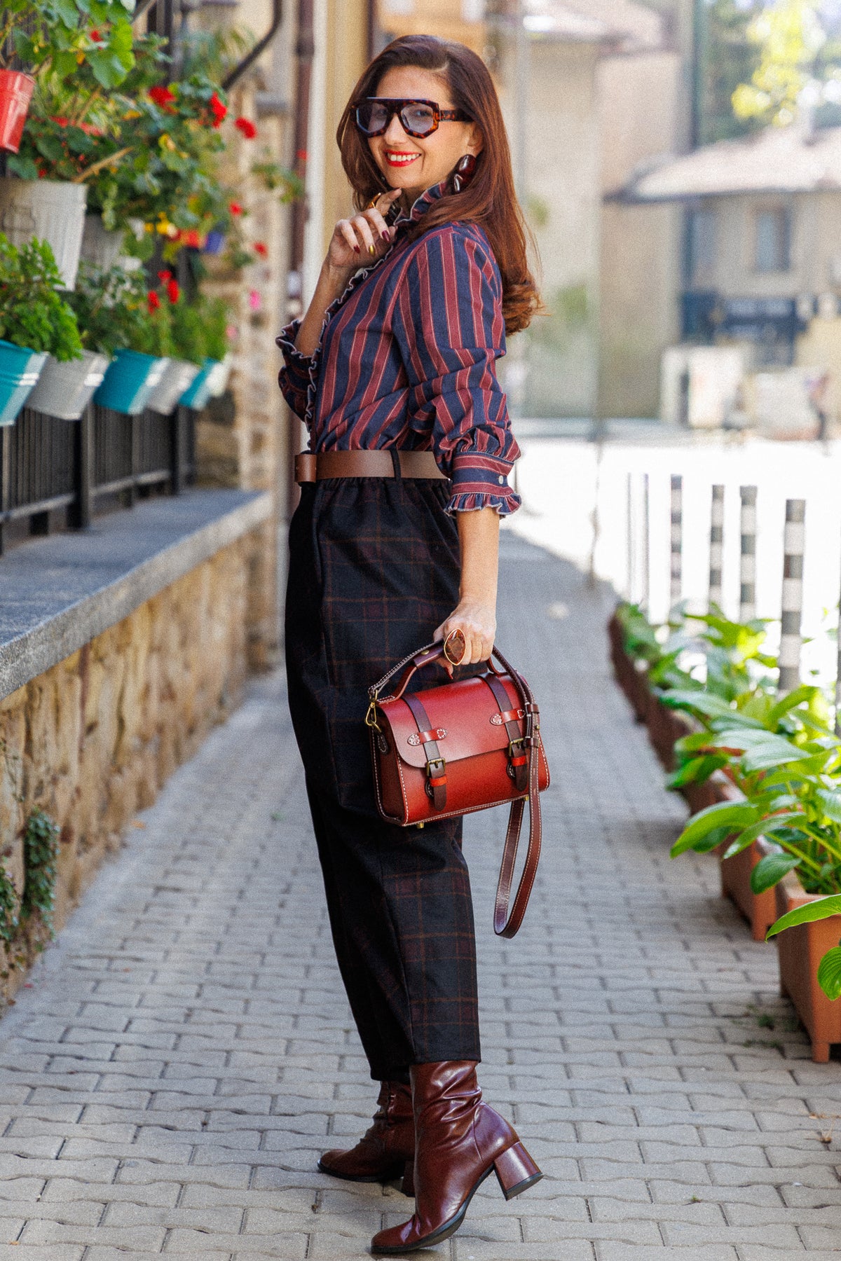 Plaid trousers with a crossover front panel