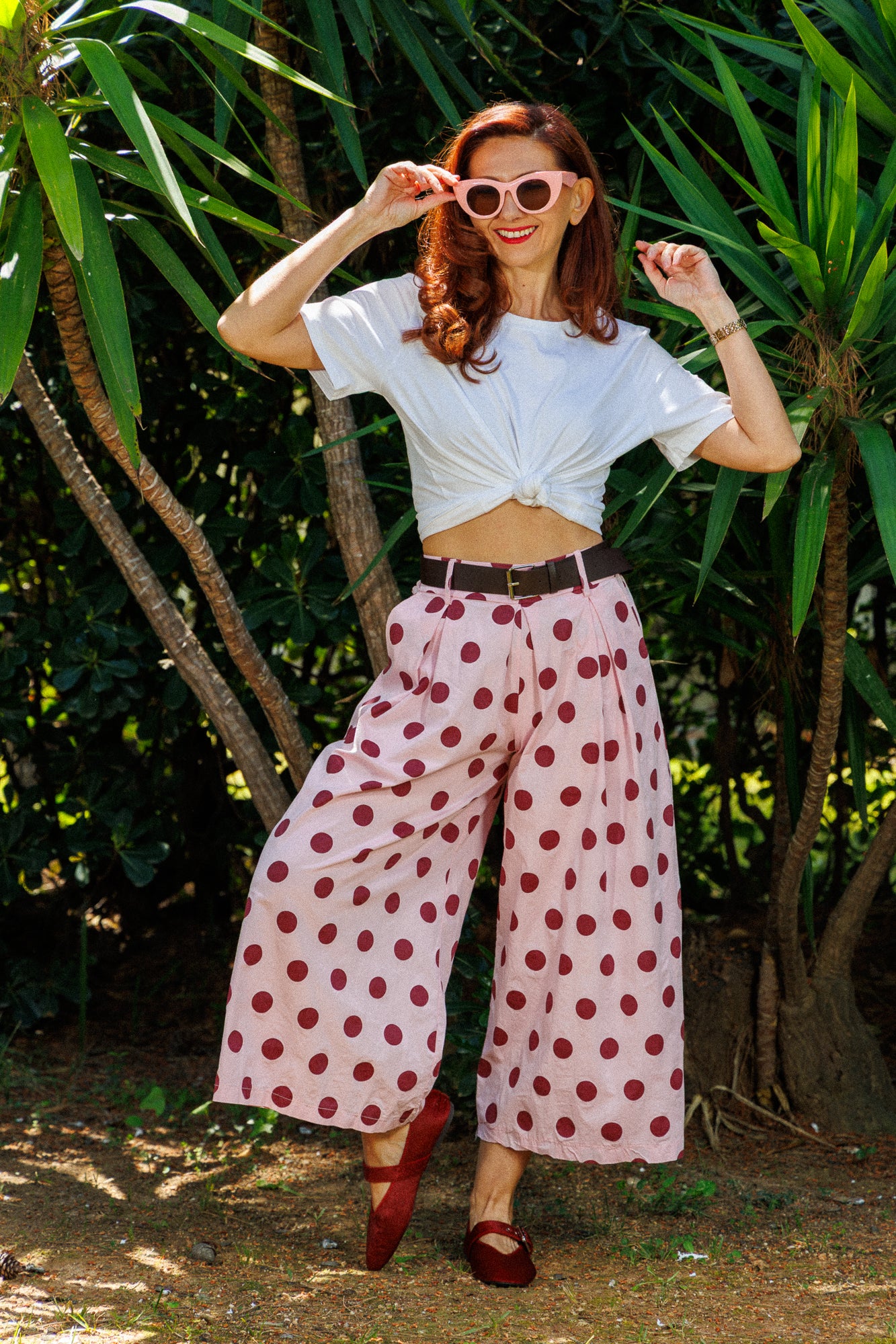 Fustă-pantalon din bumbac cu buline — roz/bordo