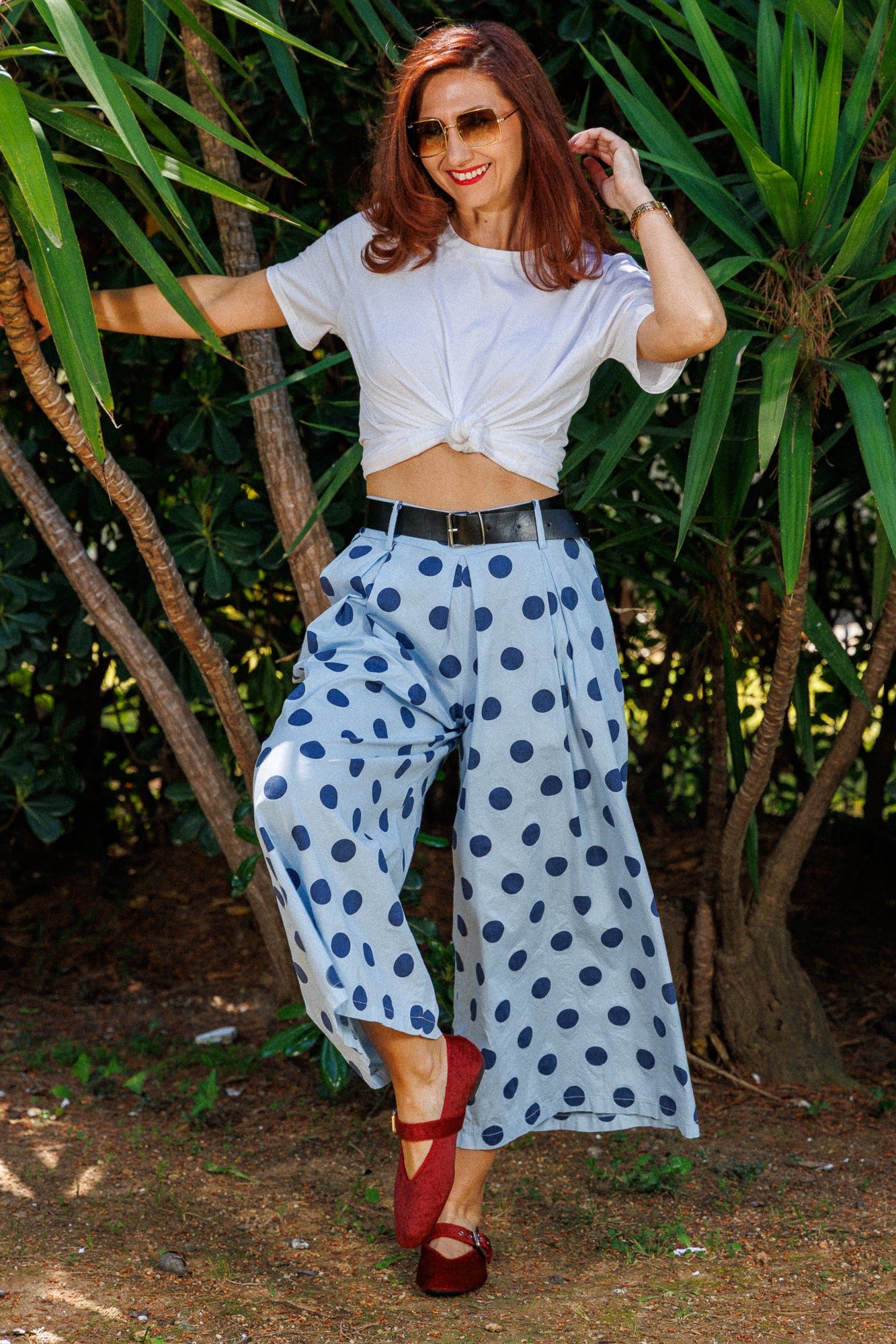 Fustă-pantalon cu buline — bumbac cu curea