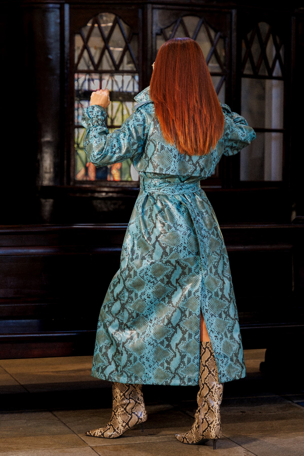 Eco leather snake print trench coat in blue