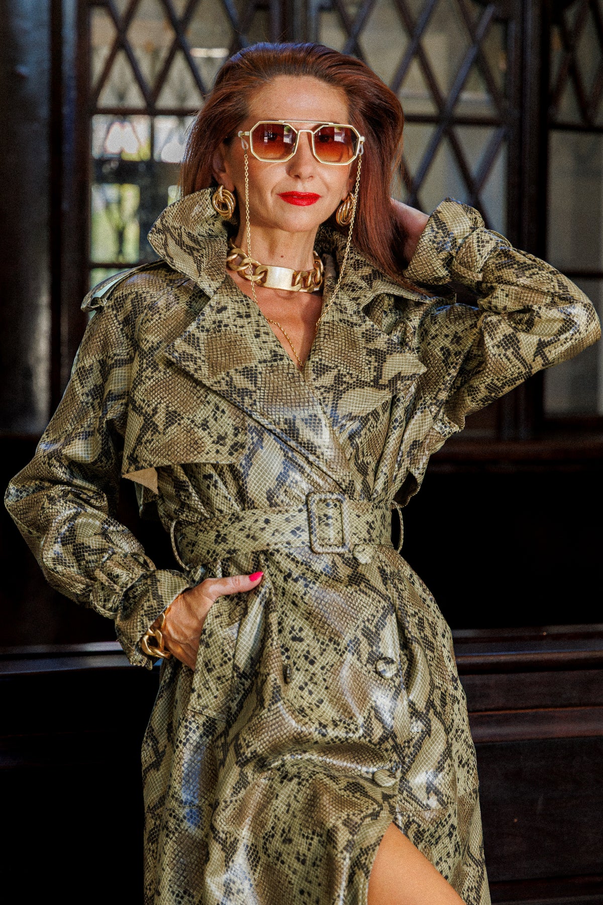 Eco leather snake print trench coat