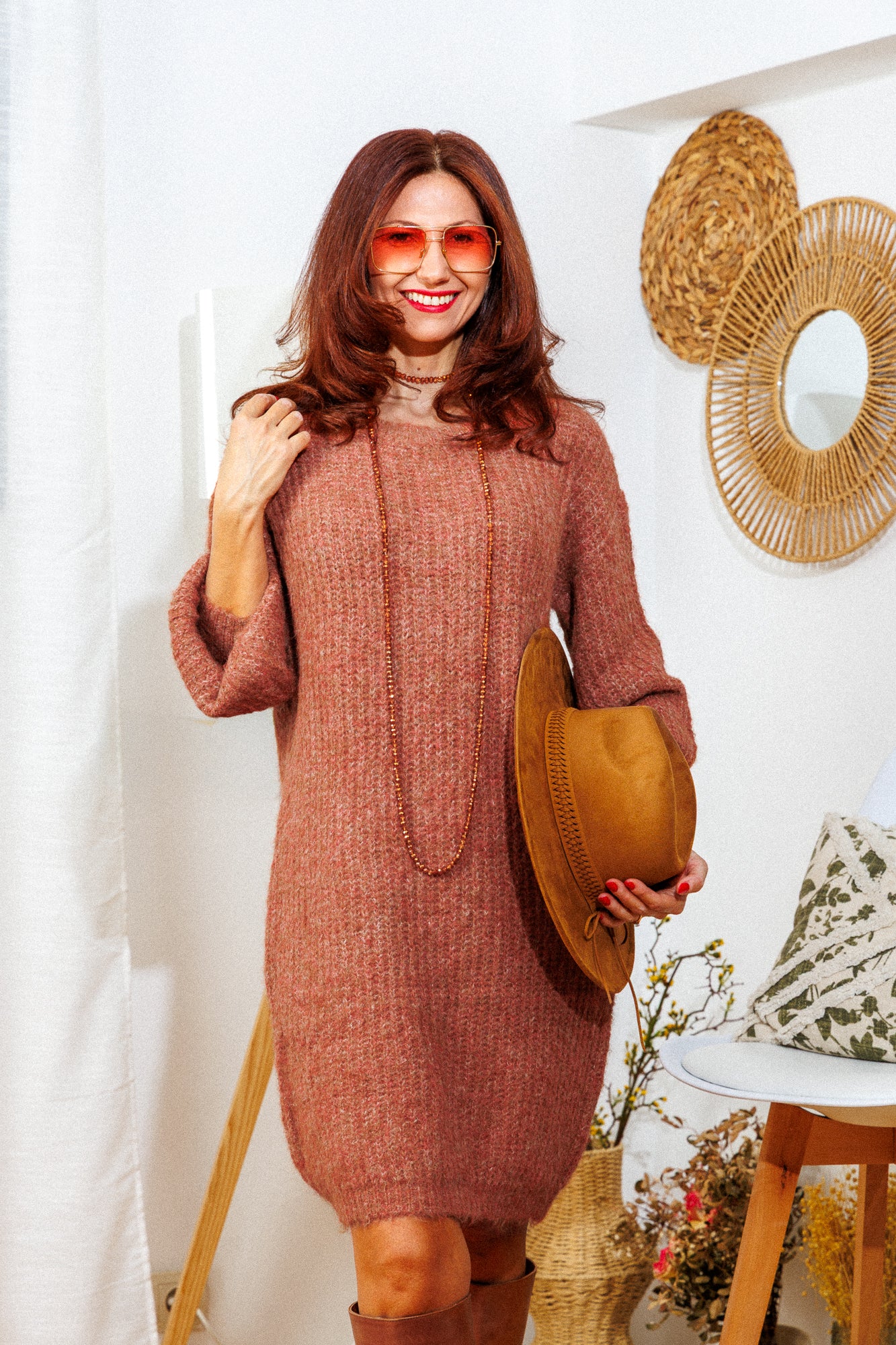 The knitted dress in brick-orange color!