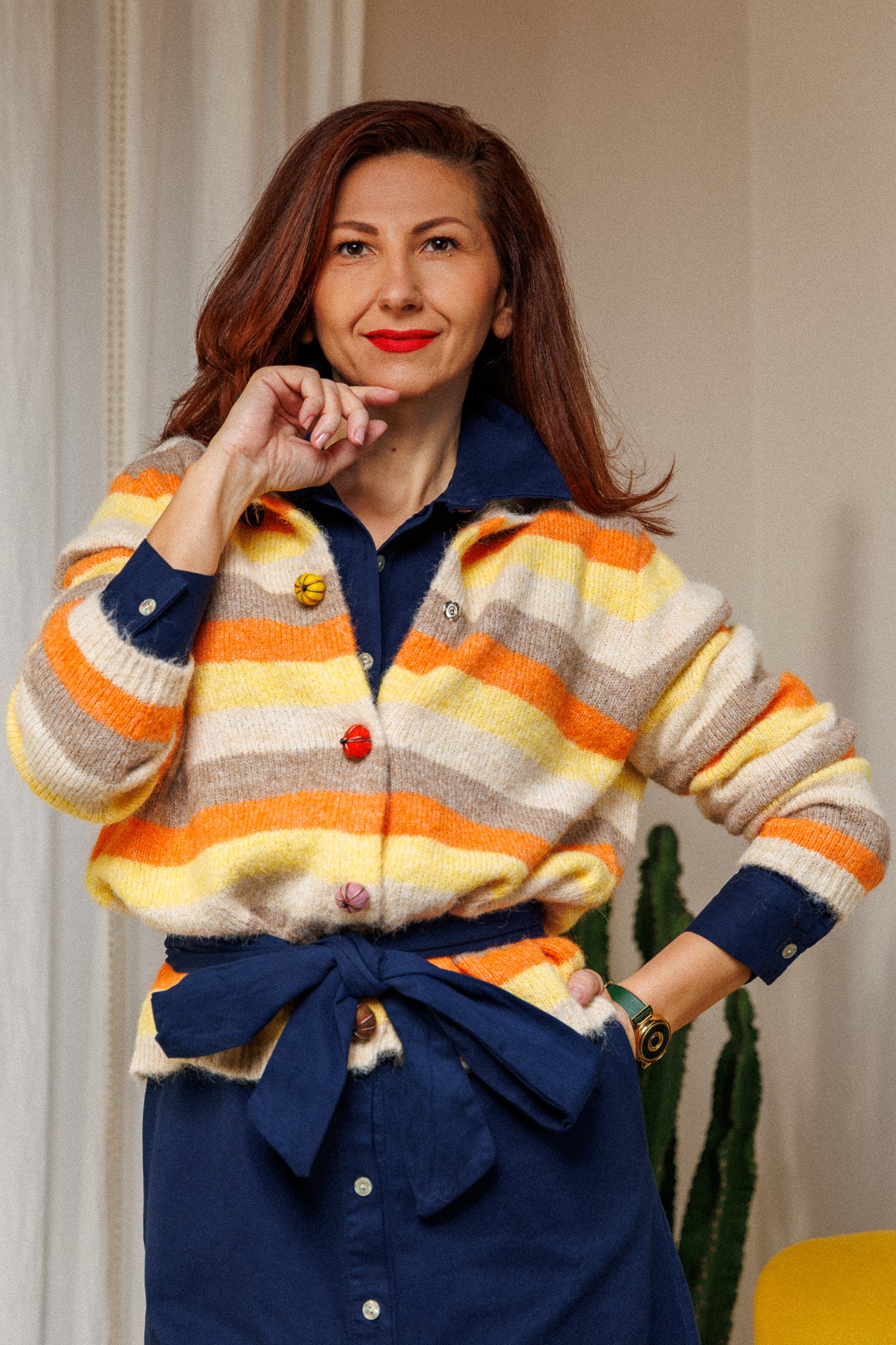 The cardigan in gorgeous colors and buttons!