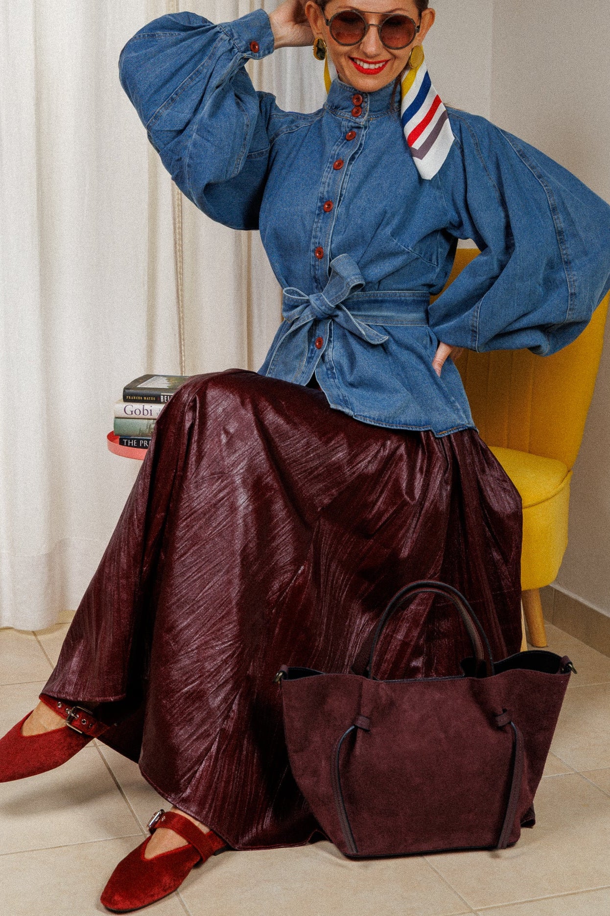 деним риза, дънкова риза с копчета, нестадндартна широк буфан ръкав, колан. dеnim shirt.