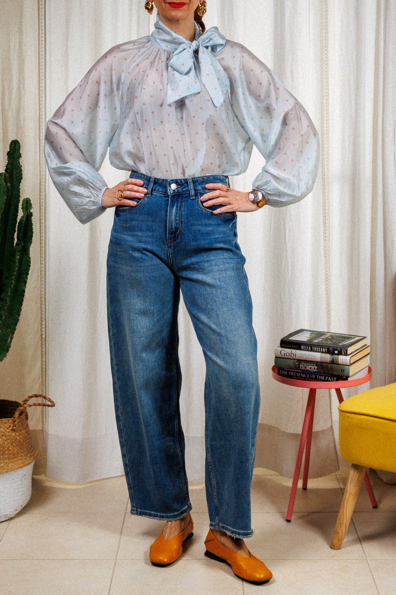 риза на точки, синя, панделка-връзка, свободна, ефирна, екологична, тенсел. елегантна, красива.