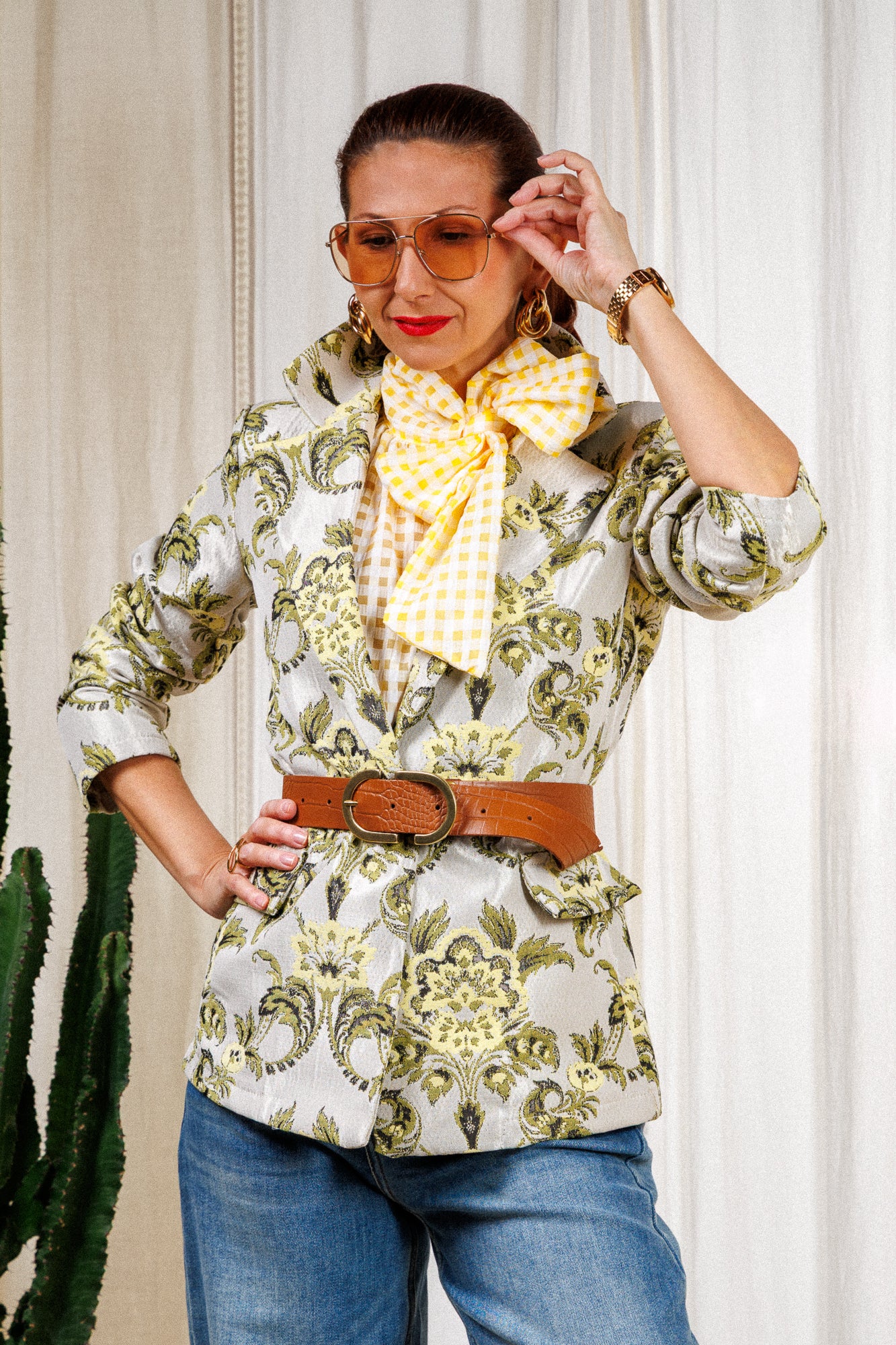 сако, жакардово, жълто-зелен, памук, красиво, подходящо за официално и ежедневно.