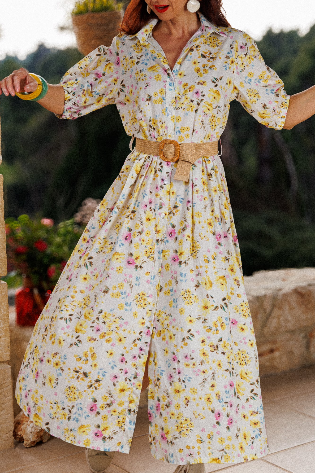 Floral dress with a braided belt and wooden buckle in yellow