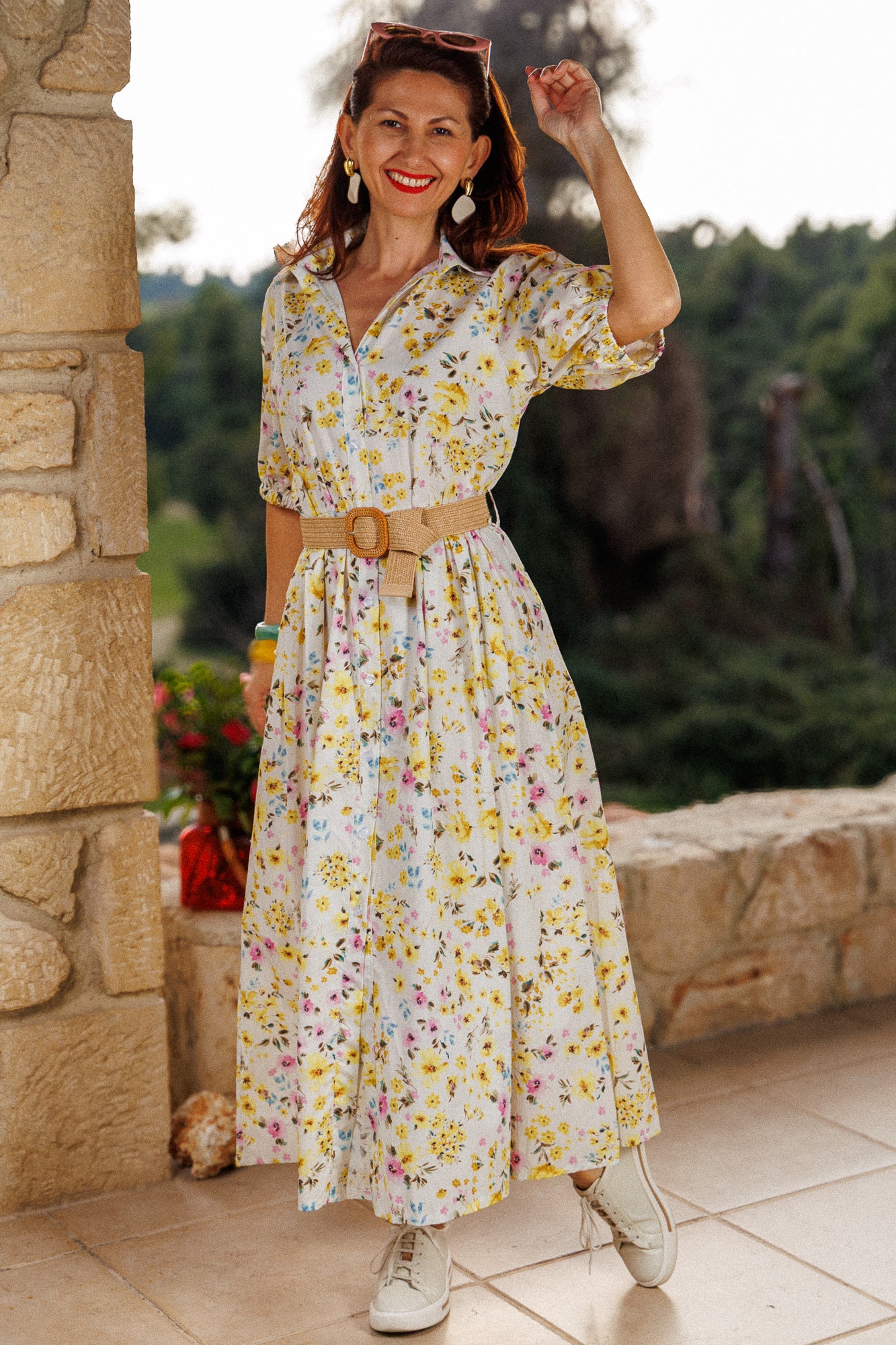 Floral dress with a braided belt and wooden buckle in yellow