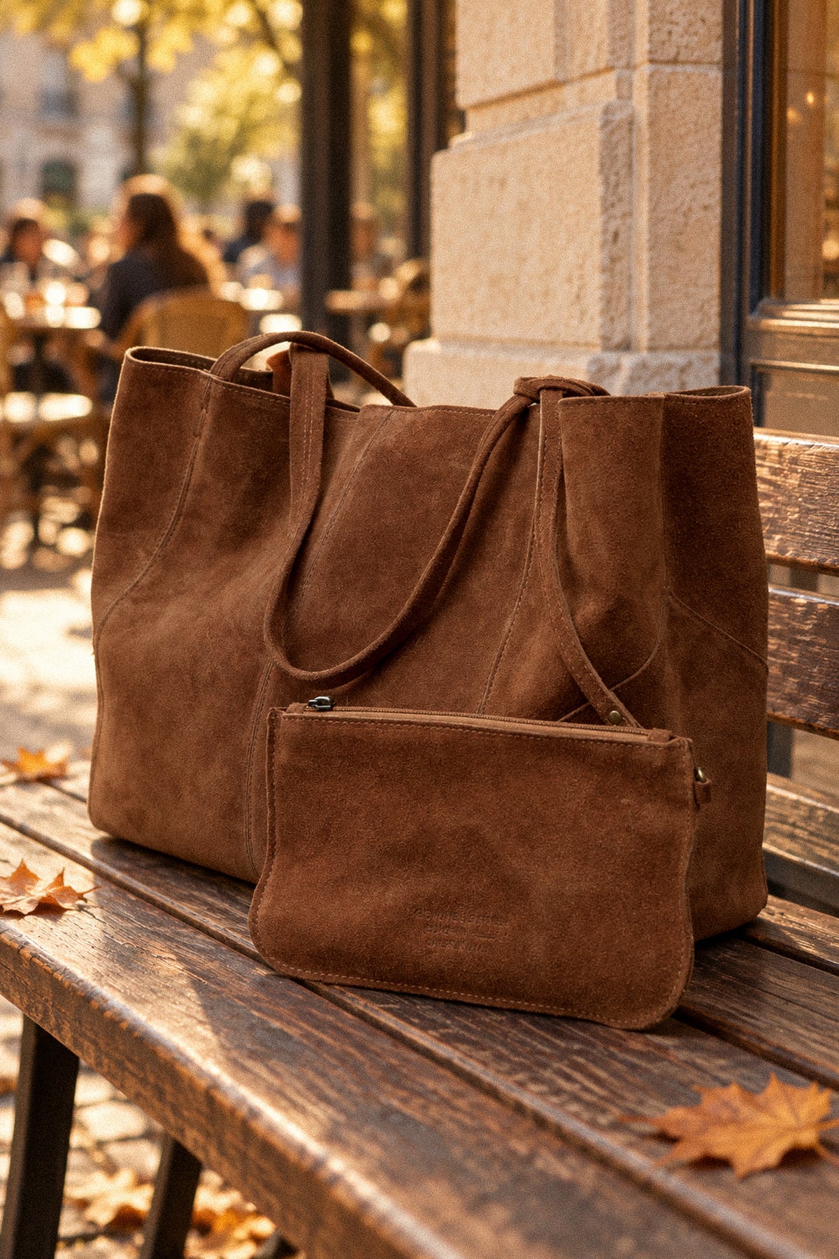 Large genuine suede bag with a removable pouch