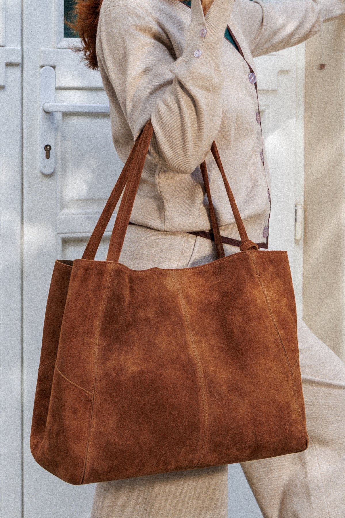 Large genuine suede bag with a removable pouch
