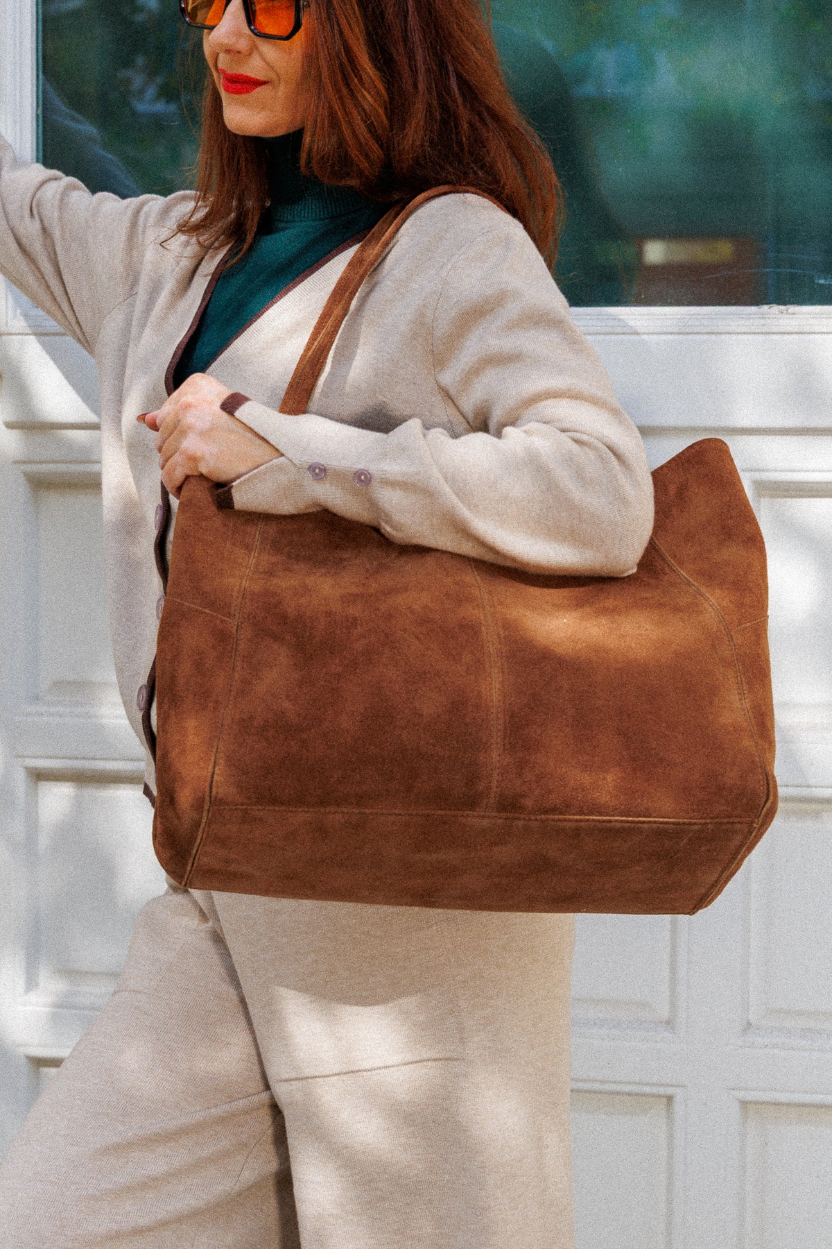 Large genuine suede bag with a removable pouch