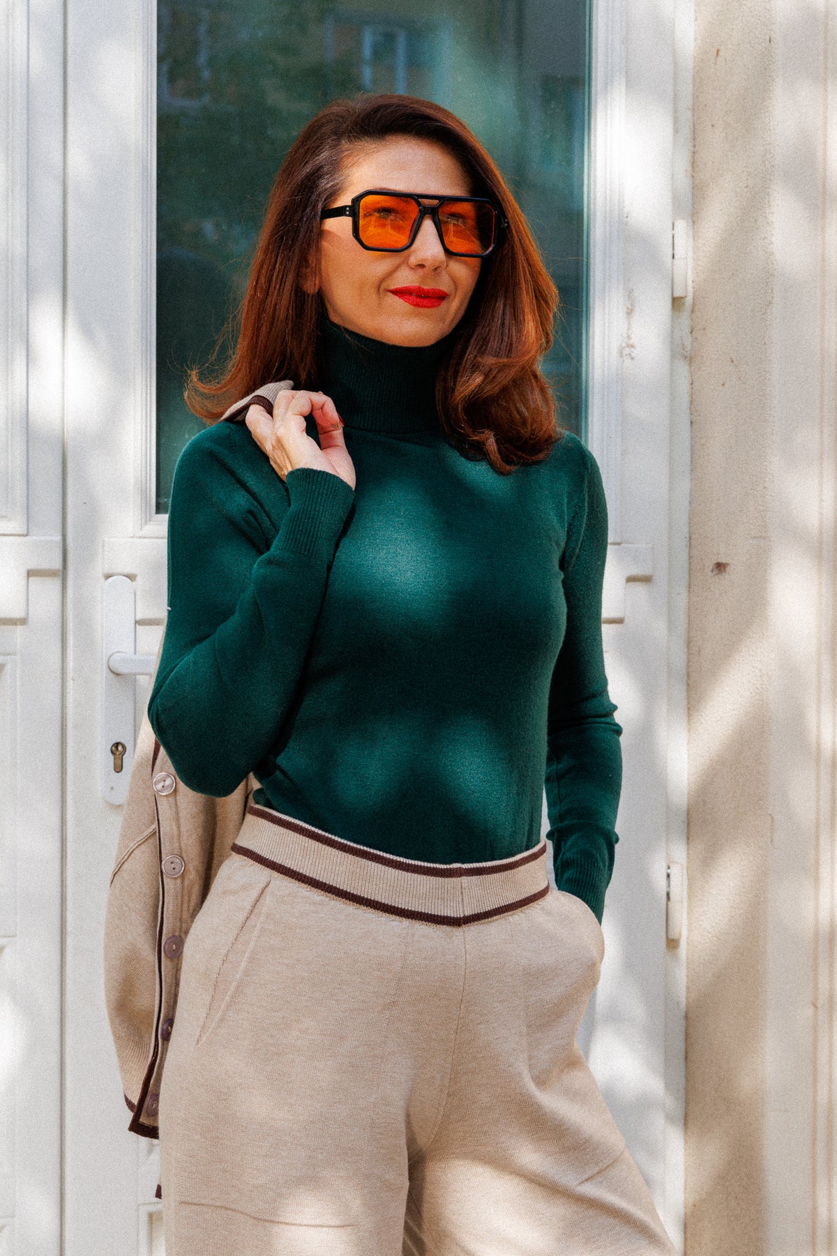 Dark green viscose long-sleeved polo shirt