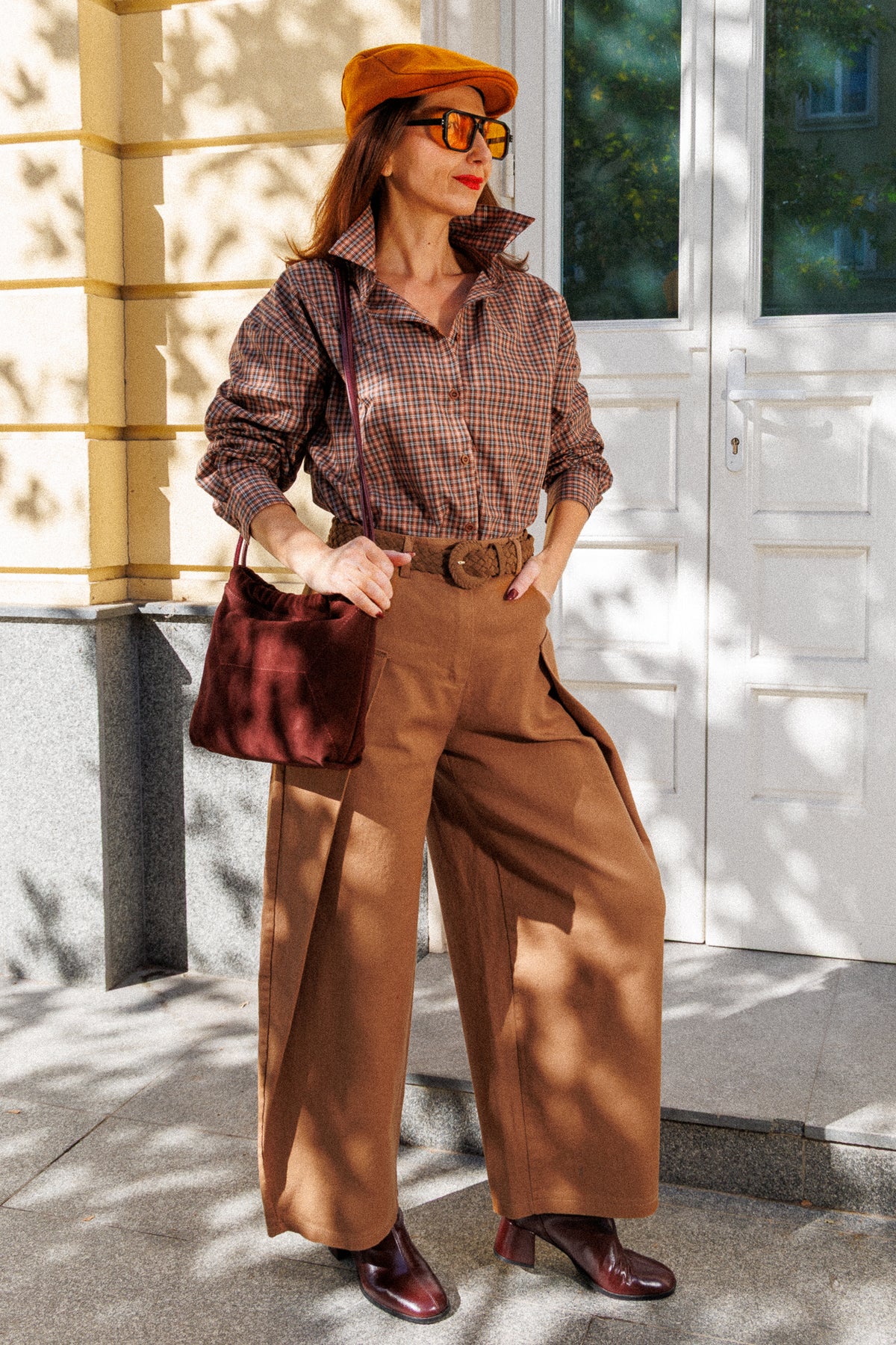 Cotton denim trousers in a warm caramel shade with a wide-leg cut