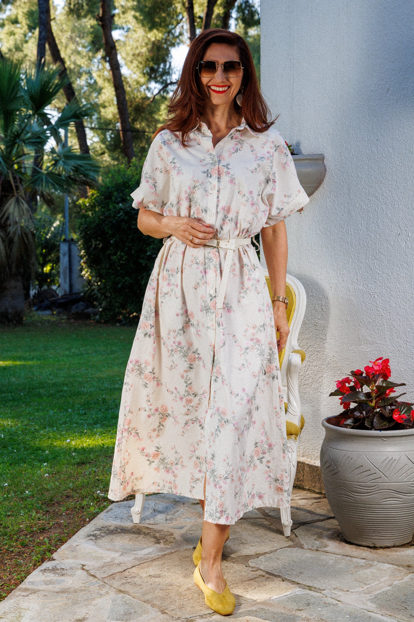 Rochie cămașă midi florală cu curea de piele