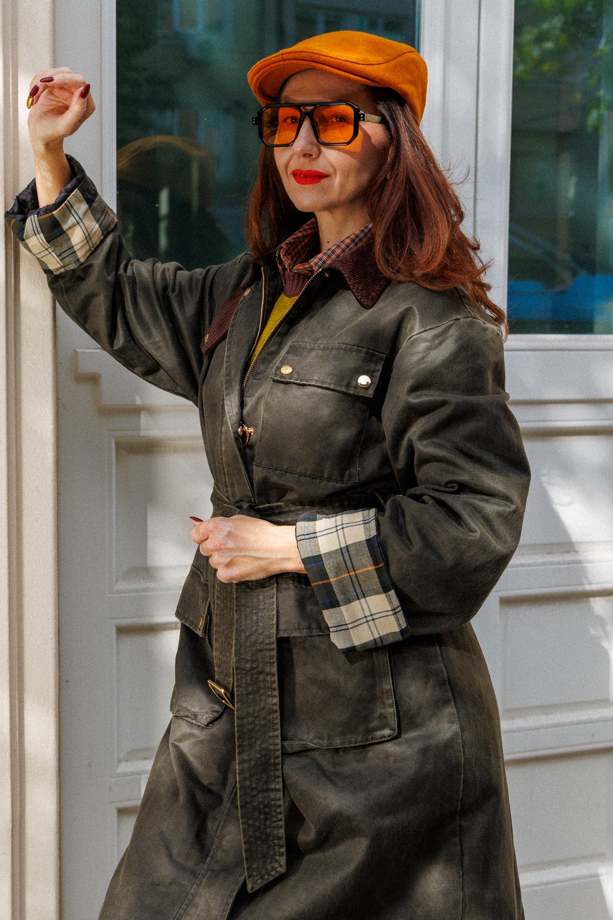 Long structured jacket with a vintage effect and checked cuffs