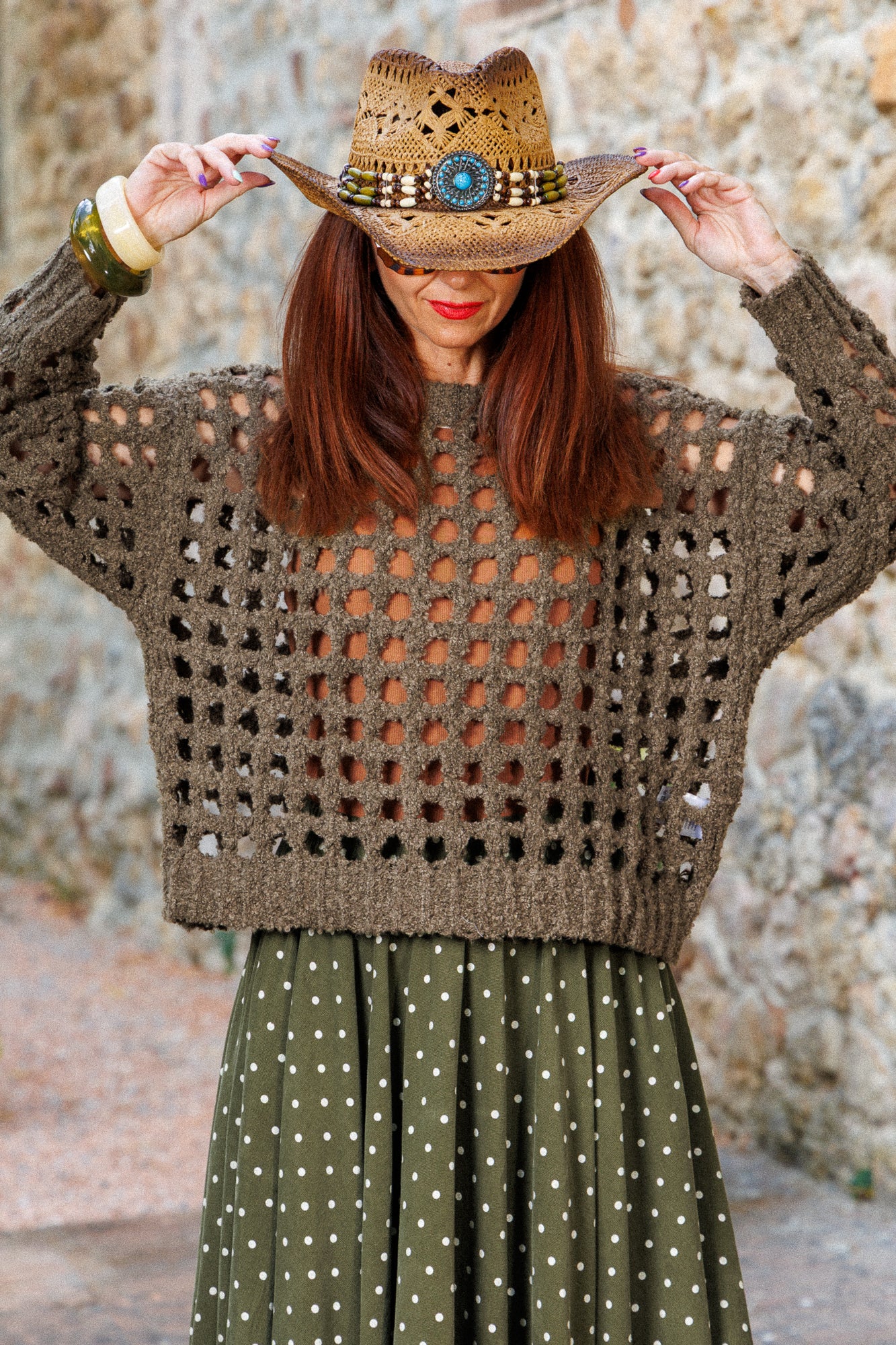 Khaki Open-Knit Crochet Oversized Top