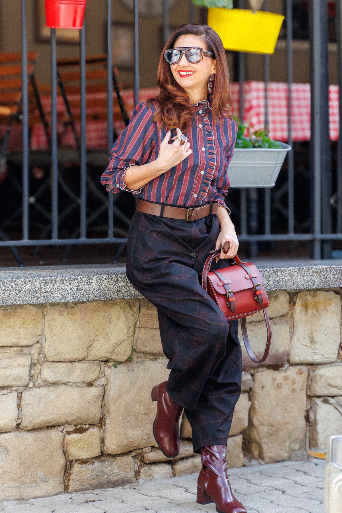 Plaid trousers with a crossover front panel