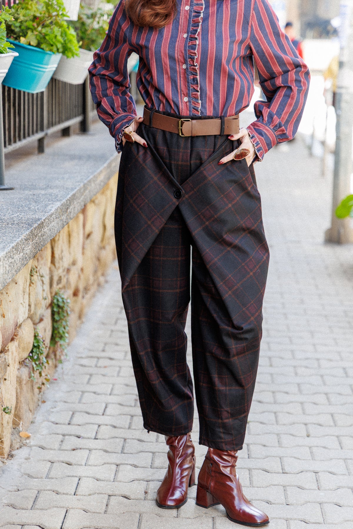 Plaid trousers with a crossover front panel