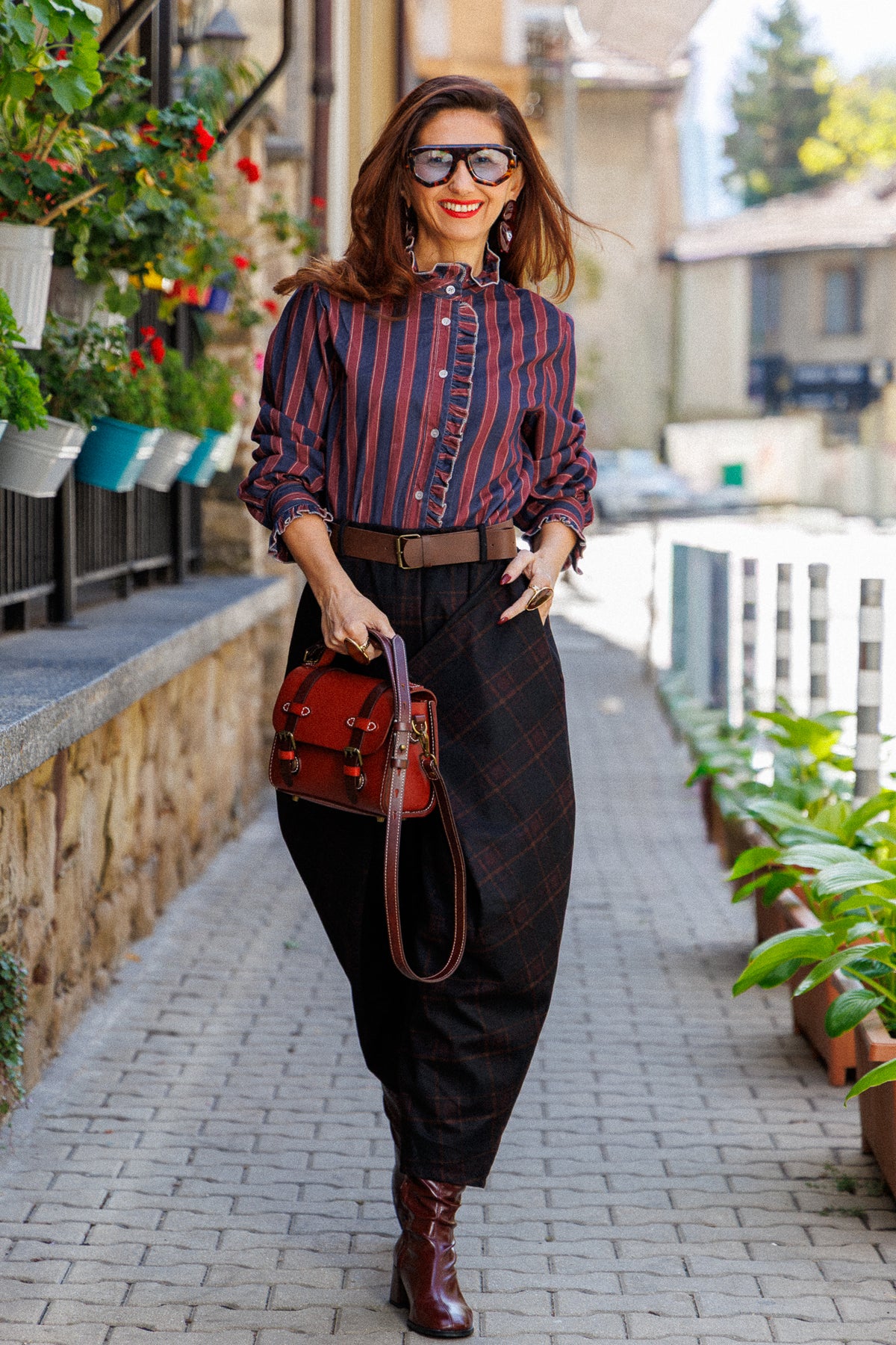 Plaid trousers with a crossover front panel