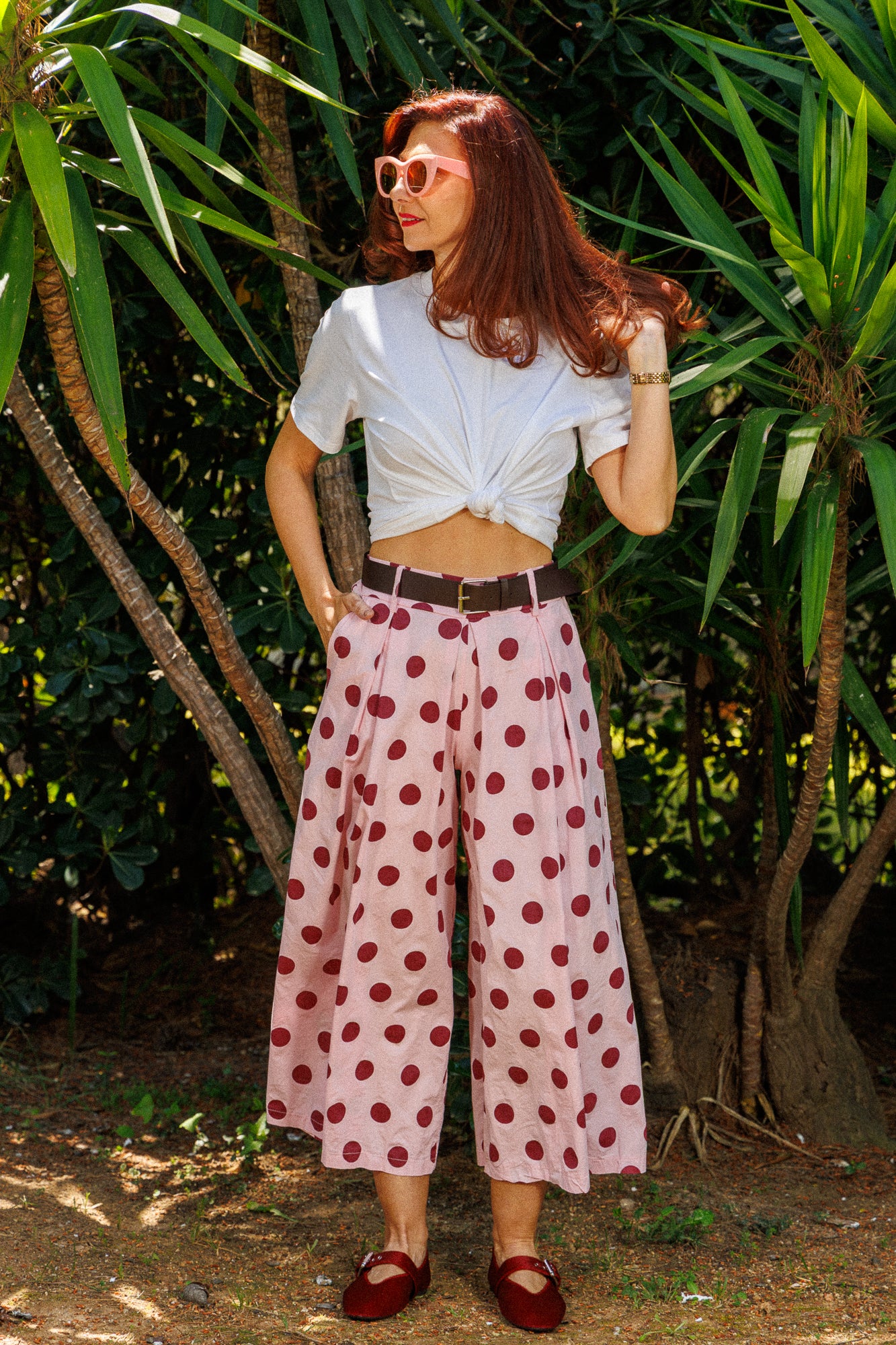 Fustă-pantalon din bumbac cu buline — roz/bordo