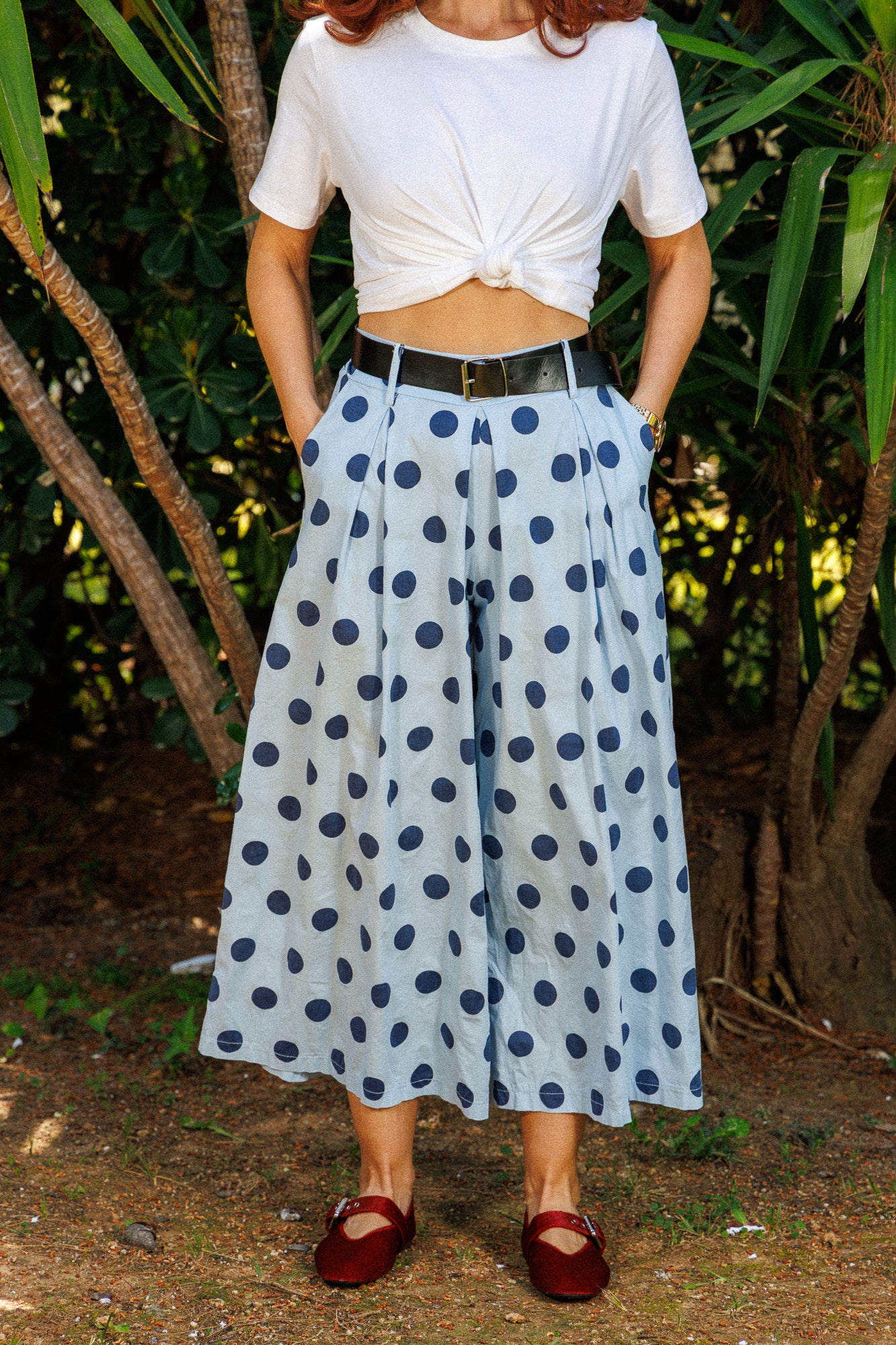 Fustă-pantalon cu buline — bumbac cu curea