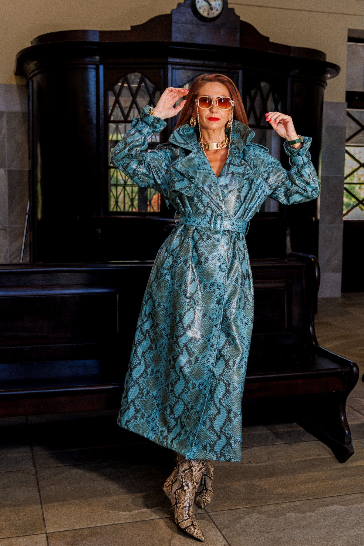Eco leather snake print trench coat in blue
