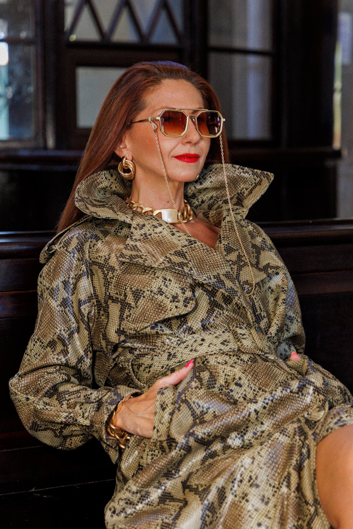 Eco leather snake print trench coat