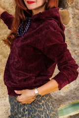 The velvet burgundy sweatshirt!