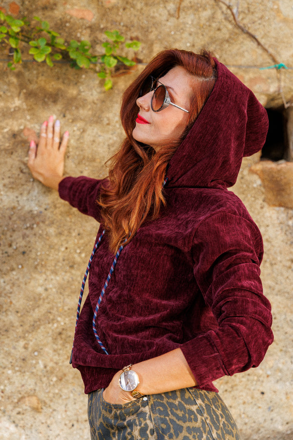 The velvet burgundy sweatshirt!
