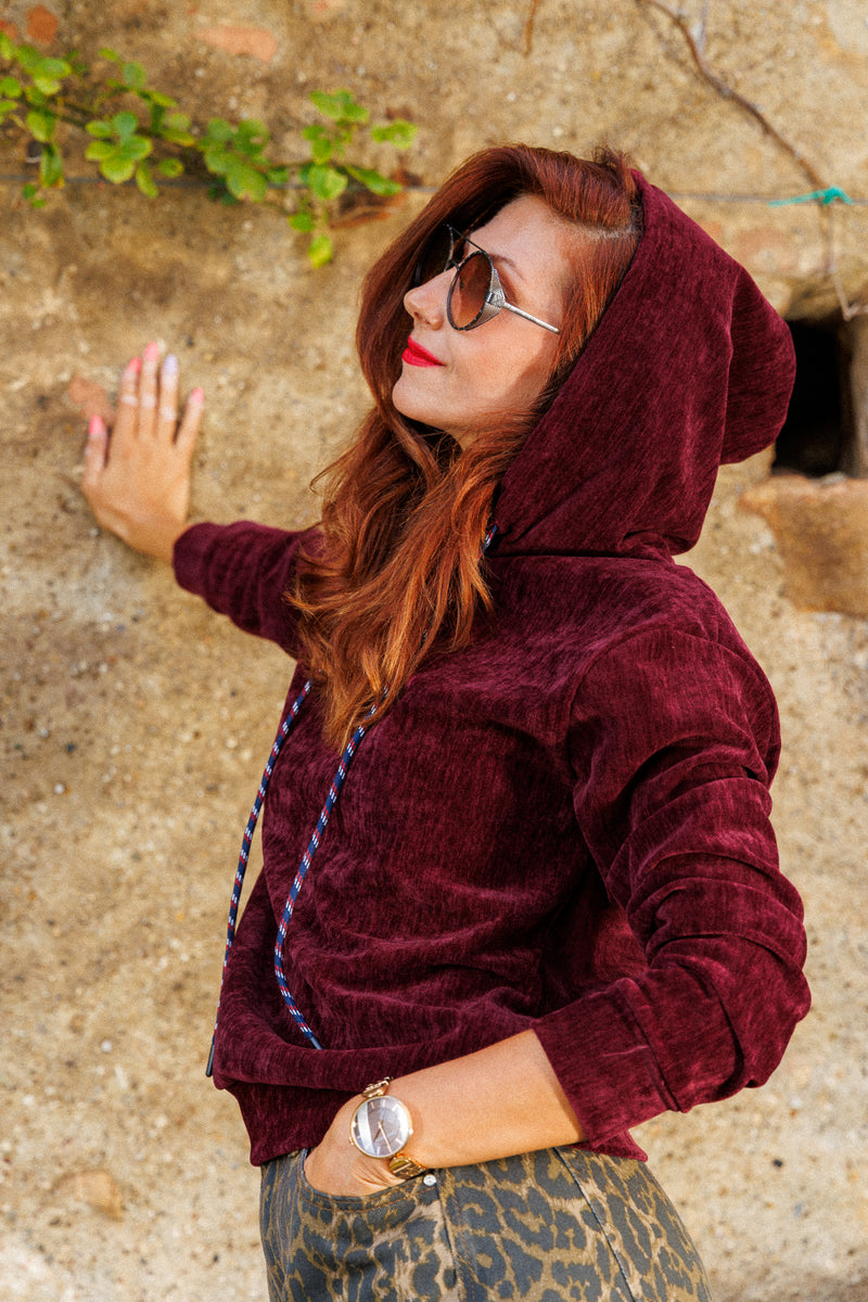 The velvet burgundy sweatshirt!