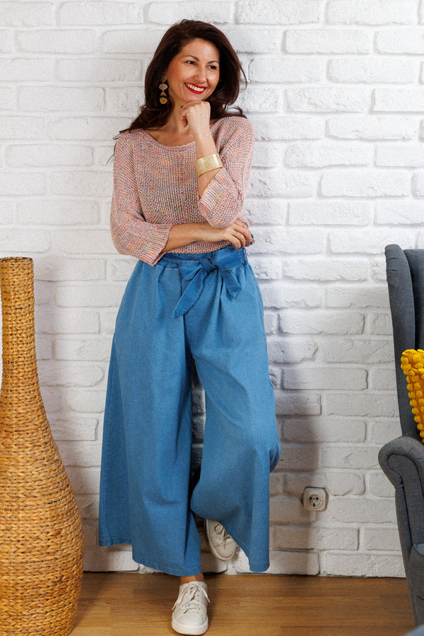 Denim skirt-trousers with belt