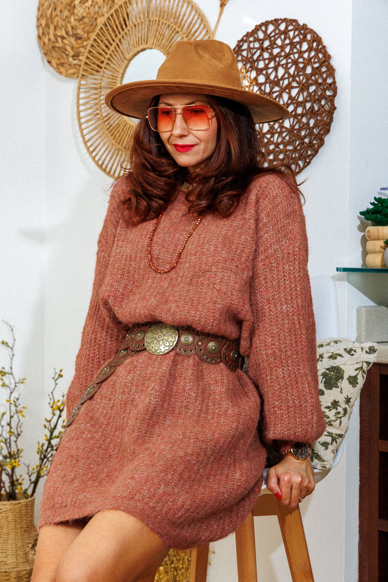 The knitted dress in brick-orange color!