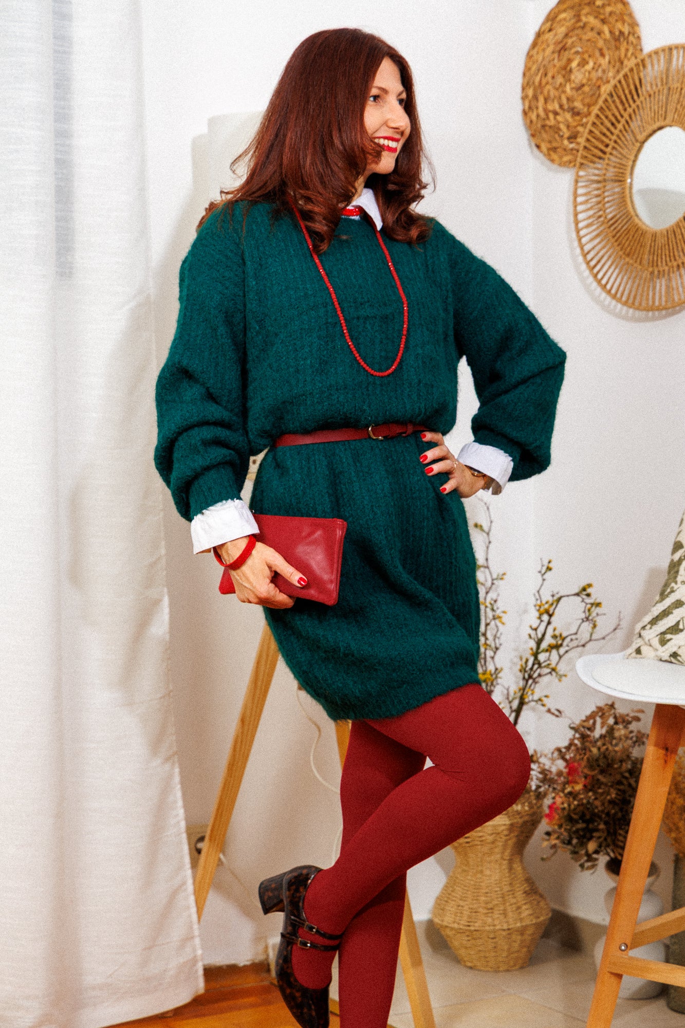 The knitted dress in a beautiful pine green color!