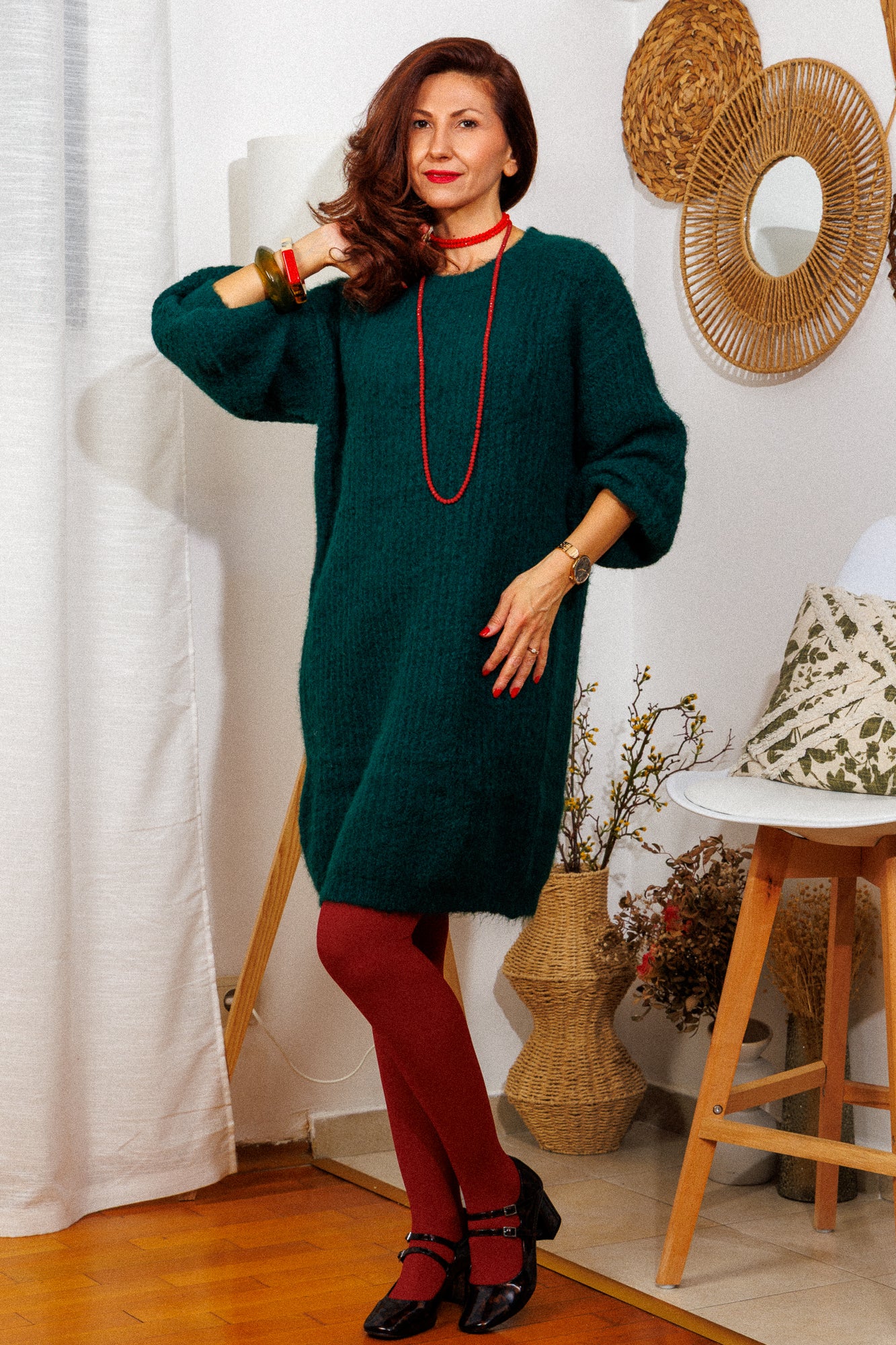 The knitted dress in a beautiful pine green color!
