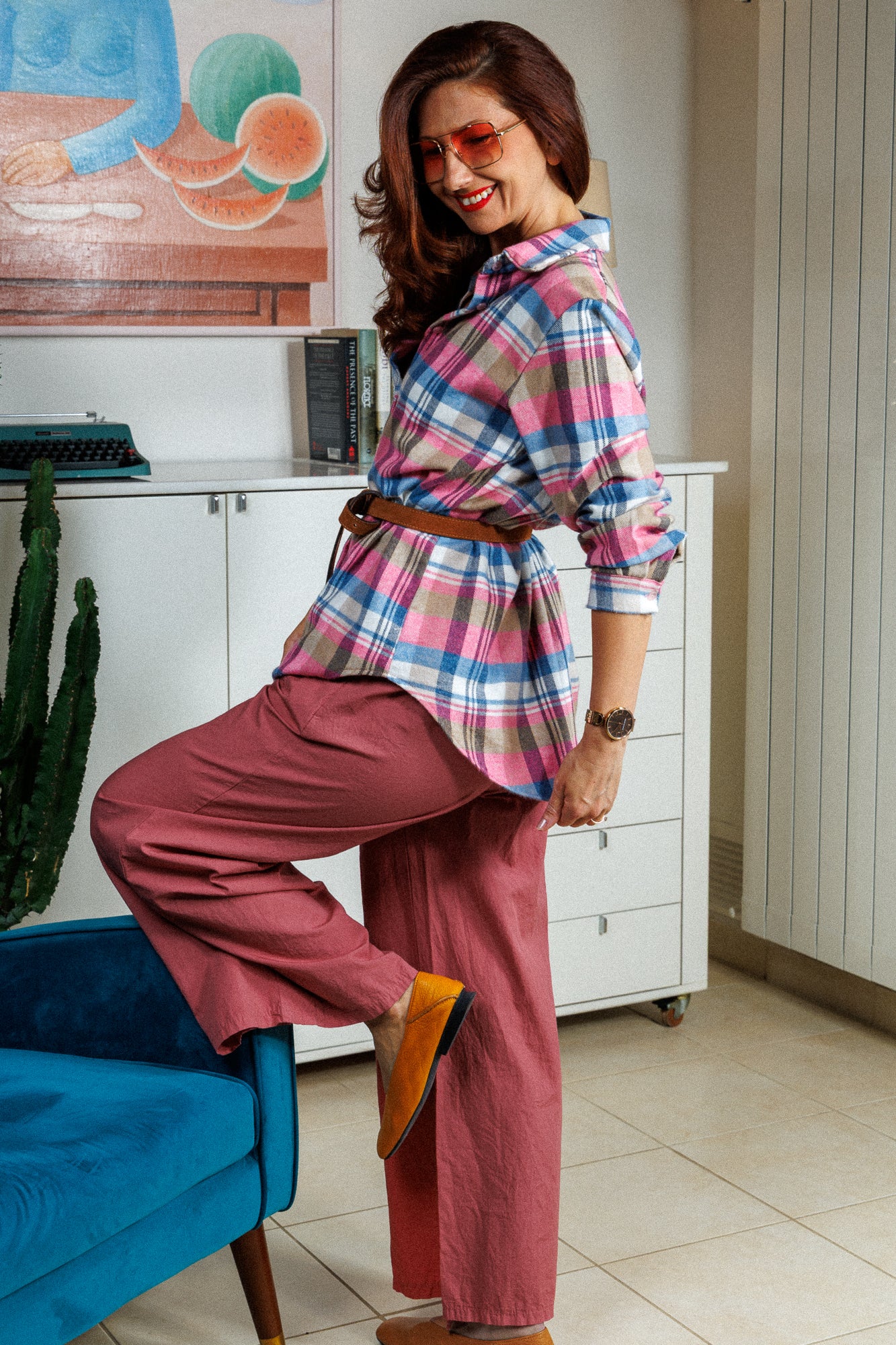 карирана риза, свободна кройак, подходяща за всеки ден, планината, пътуване, каре в розово-бежово. супер мека материя