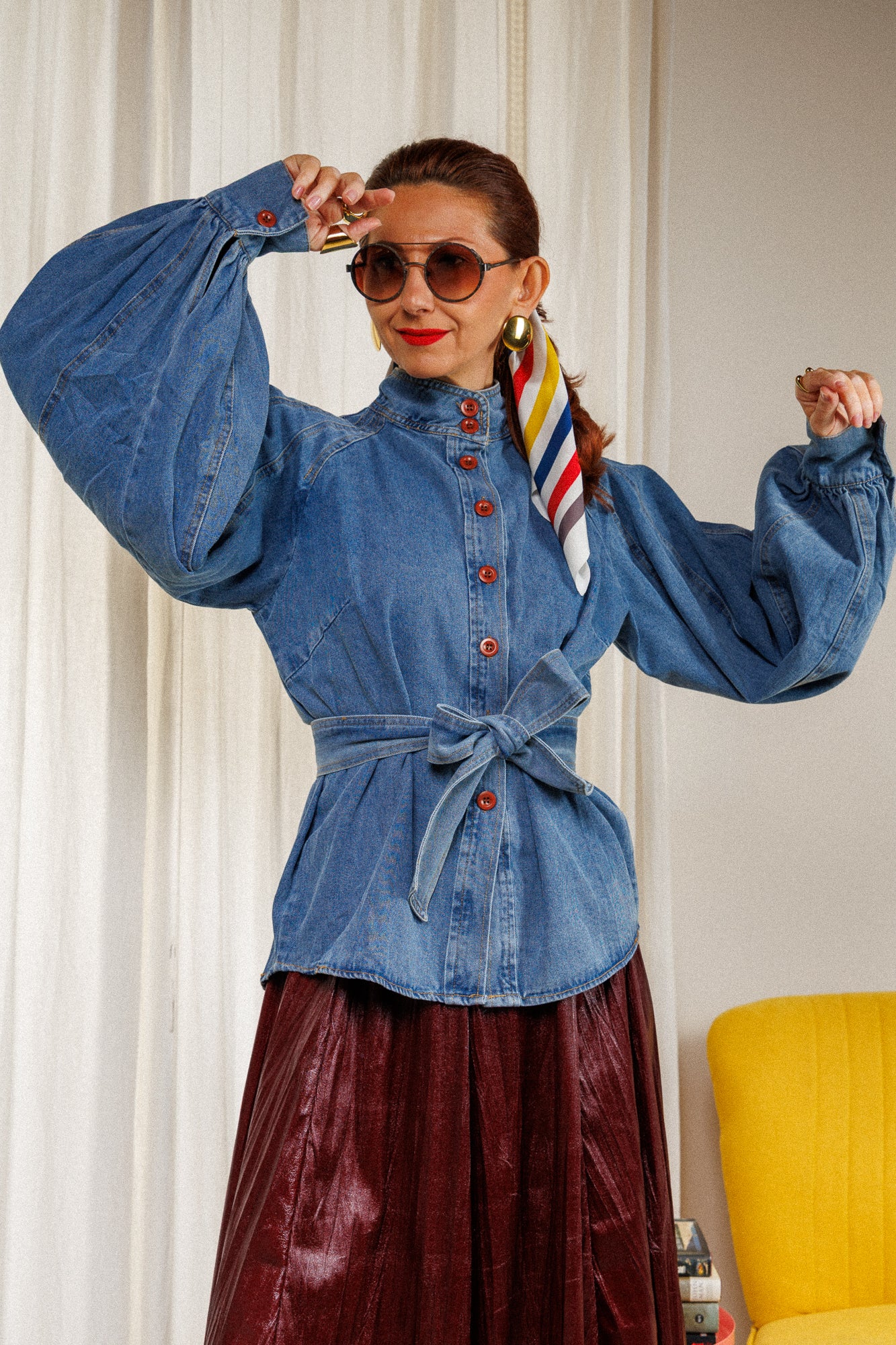 деним риза, дънкова риза с копчета, нестадндартна широк буфан ръкав, колан. dеnim shirt. 