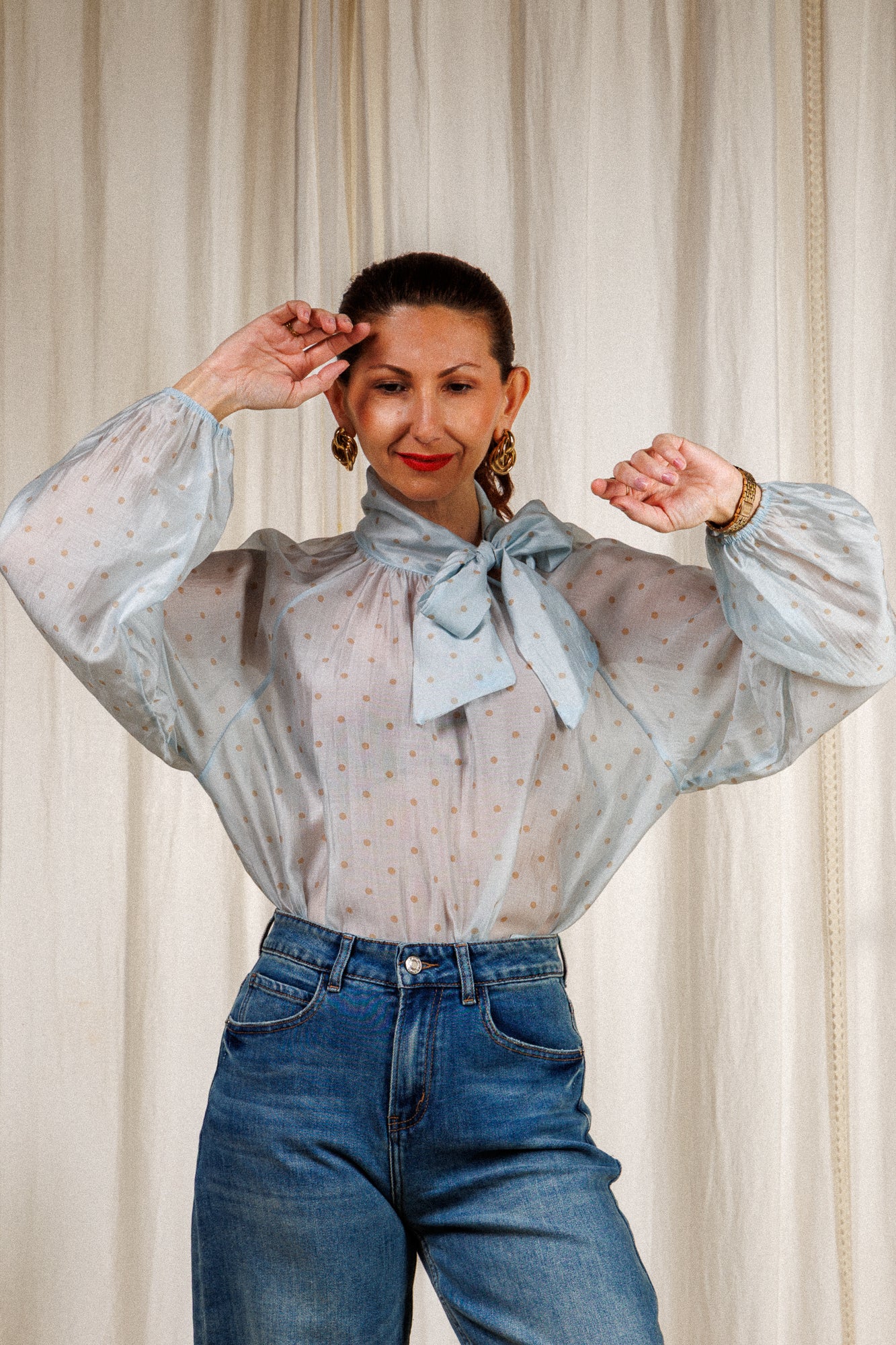 риза на точки, синя, панделка-връзка, свободна, ефирна, екологична, тенсел. елегантна, красива.